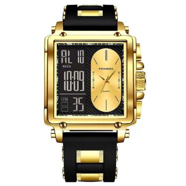 Imagem de Relógio Quadrado De Quartzo Masculino Dual Display Impermeável Pulseira De Silicone Dourado