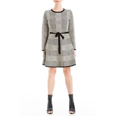 Imagem de Max Studio Vestido feminino de malha jacquard evasê colado ao corpo estilo swing suéter com cinto, Preto/Bone Box espinha de peixe, G