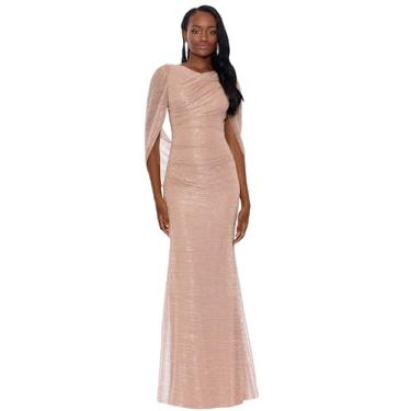 Imagem de Betsy & Adam Vestido feminino longo elástico metálico manga 3/4 gola drapeada nas costas formal, Champanhe, 42