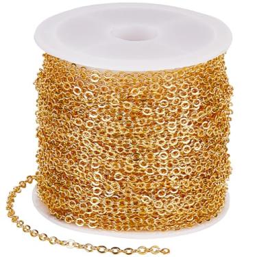 Imagem de SUNNYCLUE Corrente de cabo de ouro de 10 m, correntes de latão a granel 2 x 2,5 mm conectores de tração de extensão de metal rolo com carretel de plástico para fazer joias, colar, pulseiras,