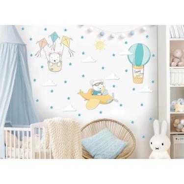 Imagem de adesivo de parede urso aviador pipas e balão bolinhas - adesivos kigru