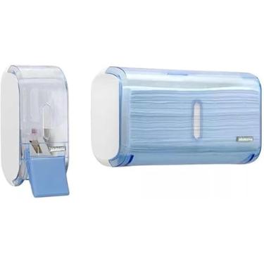 Imagem de Saboneteira Para Sabonete Liquido E Toalheiro Azul Dispenser Porta Papel Toalhas Interfolhado De Banheiro