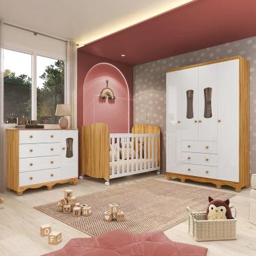 Imagem de Quarto de Bebê Completo Guarda Roupas Cômoda 3 Portas Janeladas e Berço com Rodizio 100% MDF Lana Espresso Móveis Branco Brilho/Amêndoa