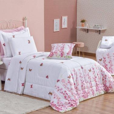 Imagem de Kit Edredom Encanto Solteiro 3 Peças 100% Algodão Percal 200 Fios - Borboletas Floral