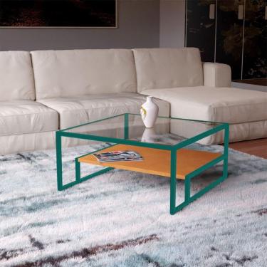 Imagem de Mesa De Centro Industrial Toledo Canela Tampo Vidro Base Ferro Azul Turquesa - Preto