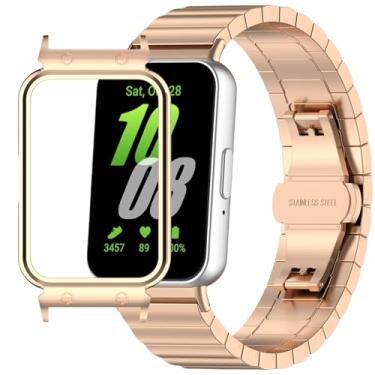 Imagem de QHBAMD Pulseira de metal compatível com Samsung Galaxy Fit 3 SM-R390, pulseira fina de aço inoxidável leve com fivela, capa protetora para Galaxy Fit 3 (ouro rosa)