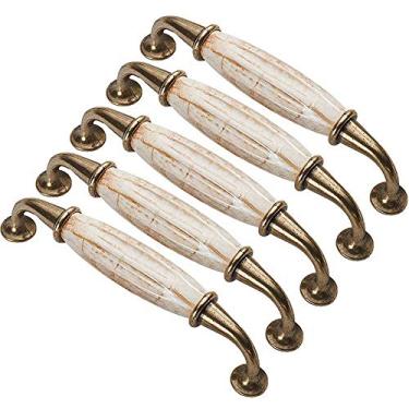 Imagem de Puxadores de armário de cerâmica de mármore retrô, pacote de 5 puxadores de gaveta contemporâneos | furo único | Puxador redondo, ferragens modernas de armário (distância do furo 128 mm)