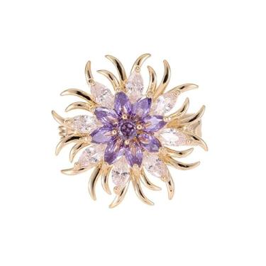 Imagem de Broche de flor roxo/azul/branco dourado 14K para mulheres, terno pequeno, decoração de agasalho, broche de pedra preciosa de cristal para ela, Dourado, Moissanita