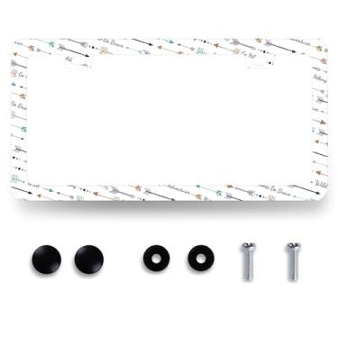 Imagem de Arrow Adventure Moldura para placa de licença colorida Adventure Awaits Suporte de placa de licença Setas personalizadas Acessório de carro de aço inoxidável decoração de carro placa de licença