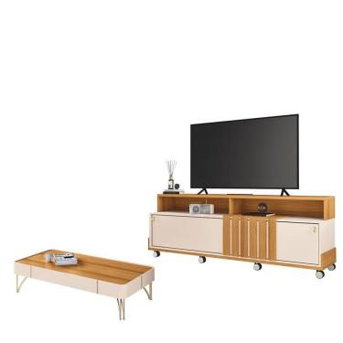 Imagem de Rack Bancada com Mesa de Centro Graci 1.8 180cm em MDF com Portas de Correr e Rodízios Off White Cinamomo