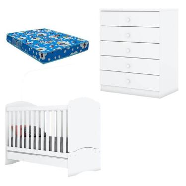 Imagem de Kit Berço Multifuncional e Cômoda Infantil Bala de Menta em MDF e MDP com Colchão Incluso Branco