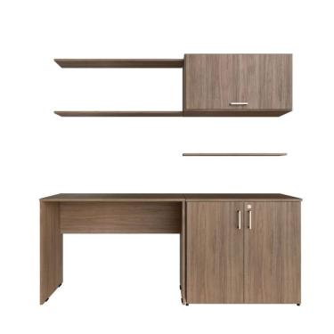 Imagem de Escrivaninha com Armário Baixo e Aéreo com Chave 200cm X 75cm Modular Kitcubos Carvalho Mel