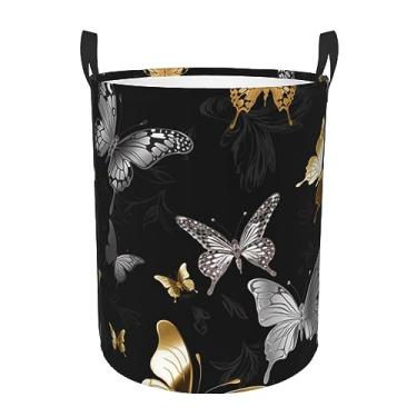 Imagem de Cesto de lavanderia preto com borboletas brancas douradas, dobrável, impermeável, cesto de armazenamento de roupas com alças, pano Oxford, organizador de brinquedos, cesta para banheiro, lavanderia