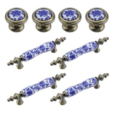 Imagem de T Tulead Puxadores de armário de cerâmica 7,6 cm, puxadores decorativos para móveis de 3,8 cm x 3,8 cm, puxador de porcelana azul e branco, 4 conjuntos para gaveta e guarda-roupa