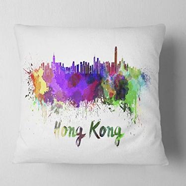 Imagem de Designart Manta de paisagem urbana do horizonte de Hong Kong, sofá, enchimento de almofada de alta qualidade + capa de almofada impressa em ambos os lados 40,64 cm x 40,64 cm