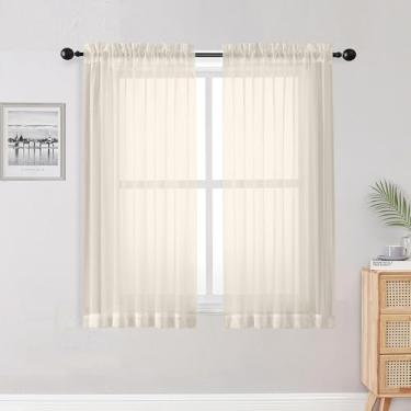 Imagem de OWENIE Cortinas transparentes de 137 cm de comprimento, 2 painéis para sala de estar, quarto, janela pequena, cortina de voile transparente com bolso de haste, 106,7 cm L x 137,2 cm C, creme