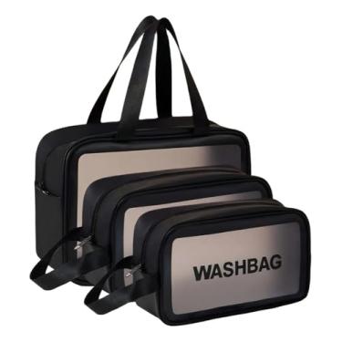 Imagem de Kit 3 Necessaire Feminina Viagem Praia PVC Impermeável Zíper Grande Espaçosa Bolsa Organizadora Cosméticos Lavável Durável Prática Estilo Blogueira Luxo (Preto)