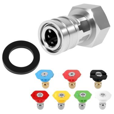 Imagem de Adaptador de mangueira de jardim para lavadora de pressão, 3/10.2 cm GHT para 1/10.2 cm, conector de mangueira de água multiângulo de aço inoxidável para arruela, 7 bicos e 1 junta para lavagem de