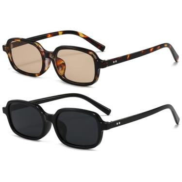 Imagem de piscm Óculos de sol retangulares retrô para mulheres e homens, óculos de sol quadrados pequenos e estreitos, Armação tartaruga/lente marrom + armação preta/lente preta, One Size