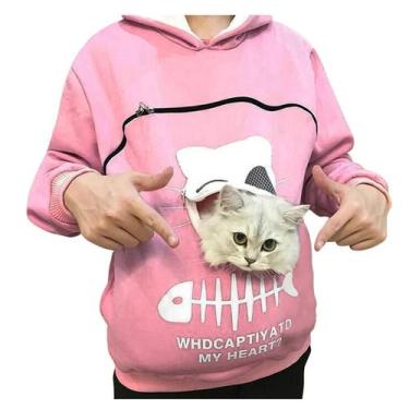 Imagem de Blusa de moletom feminina com capuz e bolsa animal para transportar ga