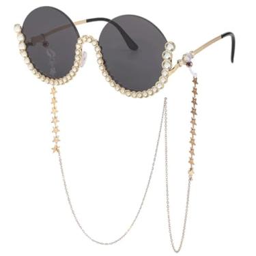 Imagem de Óculos de sol femininos de luxo, armação circular, imitação de diamante, com corrente, UV400 (dourado e cinza)