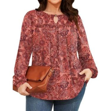 Imagem de Blusa feminina TFSDOD, tamanho grande, manga comprida, vermelha, marro