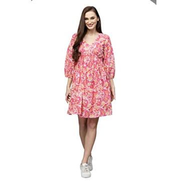 Imagem de Stylum Vestido feminino rodado de algodão estampado floral na altura do joelho, Rosa, XXG