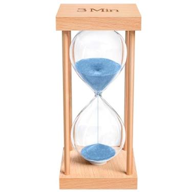 Imagem de ABXKZ Temporizador de areia de 3 minutos, temporizador de ampulheta pequeno de madeira de 3 minutos, relógio de areia azul, vidro de três minutos de madeira para sala de aula, ampulheta, decoração de