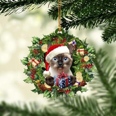 Imagem de Talataca Gato siamês usando chapéu de Natal com guirlanda enfeite de árvore de natal decoração caseira mica bolas de porta vintage grande exclusivo conjunto de véspera de natal decoração