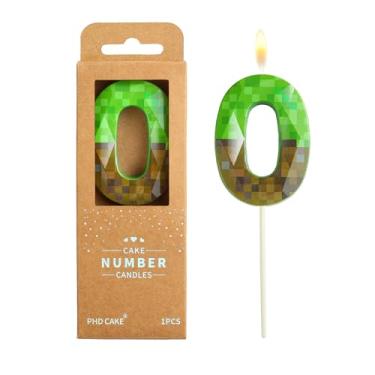 Imagem de PHD CAKE Velas de aniversário número 0 pixeis de cristal de 6 cm, velas verdes com número de mineiro, velas com número de bolo, celebração de festa, vela estilo