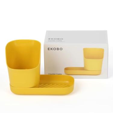 Imagem de EKOBO Organizador de bambu para pia de cozinha, limão, suporte de esponja de cozinha de 2 peças com divisor e bandeja canelada para sabão ou escovas, copo removível, reservatório de gotejamento