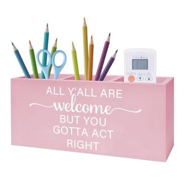 Imagem de Exqcom Suporte de pincel de maquiagem rosa ocidental, porta-escovas de dentes de vaqueira ocidental preppy para banheiro feminino, todos vocês são bem-vindos, mas você tem que agir corretamente