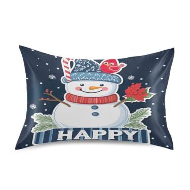 Imagem de Wassud Fronha de cetim para cabelo e pele Natal boneco de neve vermelho cardeal pássaro macio de seda fronhas queen size respiráveis fronhas com fecho de envelope