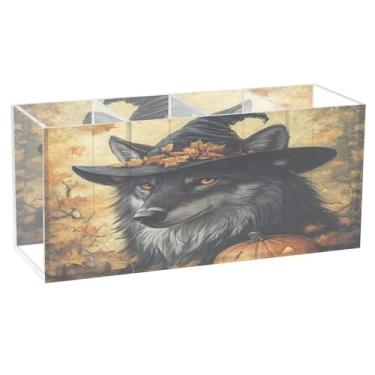 Imagem de CEBUGI Porta-lápis de acrílico transparente com 4 compartimentos, organizador de pincéis de maquiagem de lobo do Dia das Bruxas para armazenamento em mesa de escritório em casa