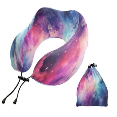 Imagem de CEBUGI Travesseiros de viagem portáteis em forma de U, travesseiro de pescoço de espuma viscoelástica com trava de corda ajustável para avião, viagem, trem, negócios, escritório, soneca (galáxia)