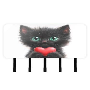Imagem de Burbuja Porta-chaves de coração para gatos pretos com 5 ganchos para chaves, porta-chaves autoadesivo montado na parede, organizador de armazenamento de correio para entrada, decoração de casa