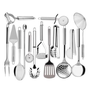 Imagem de Kit 15 Peças Utensílios para Cozinha em Aço Inox Jogo Completo Escumadeira Concha Espátula Pegador(15 Peças)
