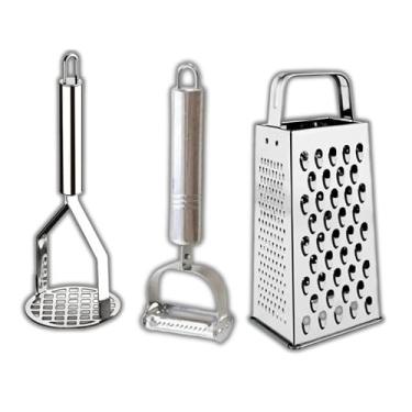 Imagem de Kit 3 Utensílios de Cozinha Inox – Amassador de Batata + Descascador de Legumes + Ralador Multiuso(KIT COMPLETO)