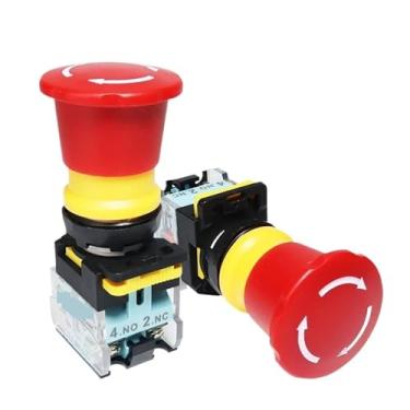 Imagem de Interruptor de botão de parada de emergência com fixação 22 mm 10A FXB38 cabeça de cogumelo e-stop botões vermelhos para máquina eletrônica