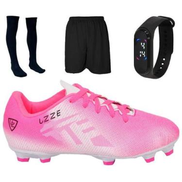 Imagem de Chuteira Campo Costurada + Short + Meião + Relógio - A7, Pink, 36