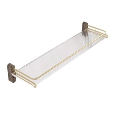 Imagem de Prateleiras de banheiro de acrílico, suporte de banheiro de acrílico montado na parede com trilho de proteção de aço inoxidável dourado, prateleira de chuveiro flutuante destacável prateleiras de