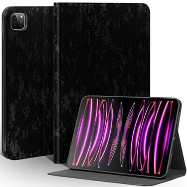 Imagem de Une Diffe Capa de couro para iPad Pro de 11 polegadas (M5/M4) 2025/2024, capa de couro de flor integral, capa protetora inteligente com hibernar/despertar automático, antiderrapante, preta prata