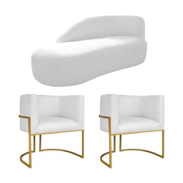 Imagem de Kit Divã Luna 160cm Lado Esquerdo E 02 Poltronas Base De Ferro Dourado Suede Branco