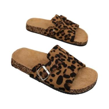 Imagem de Sandálias Femininas Ajustáveis Com Sola De Cortiça Azul Marrom Estampa