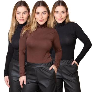 Imagem de Kit 3 Blusas Feminina Manga Longa Gola Alta Cacharrel de Viscose - Mar
