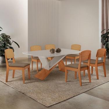 Imagem de Mesa De Jantar Yasmin Tampo Vidro Canto Copo Com 6 Cadeiras Veludo Capuccino/nat/off/se...