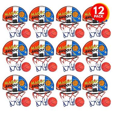 Imagem de ArtCreativity Mini jogo de basquete (12 conjuntos). Cada conjunto inclui 1 mini bola, 1 rede de prancha traseira e fita de montagem, cesta de basquete interna para crianças, lembrancinhas de festa de