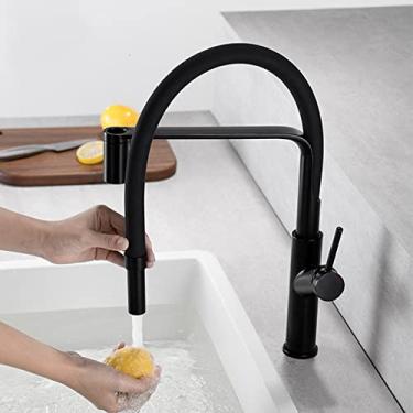 Imagem de Torneira de cozinha removível, torneira de pia de cozinha montada no convés, alça única, misturadora fria e quente, torneira de cozinha, preta
