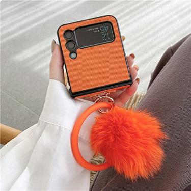 Imagem de Capa de telefone anti-queda de couro PU de luxo para Samsung Galaxy Z Flip 4 5G Z Flip 3 com alça de anel de mão de silicone macio bola de pele, laranja, para Samsung Z Flip 3