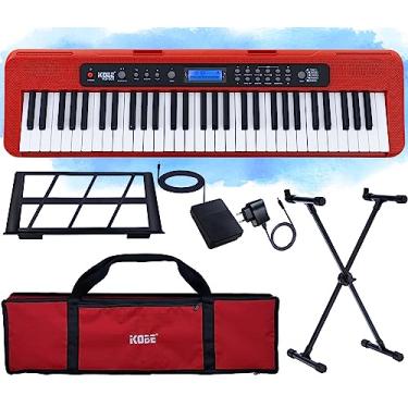Imagem de Kit Teclado Musical Estudante Kobe KB-300 RD 5/8 61 Teclas Iniciante com Sensibilidade ao Toque com Pedal Sustain, Capa e Suporte